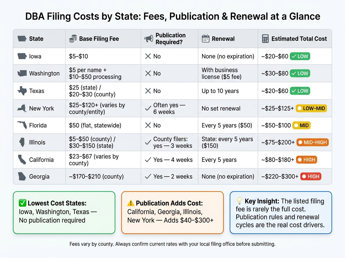 Infographic showing DBA filing costs, fees, and renewal periods across different states for business registration.
