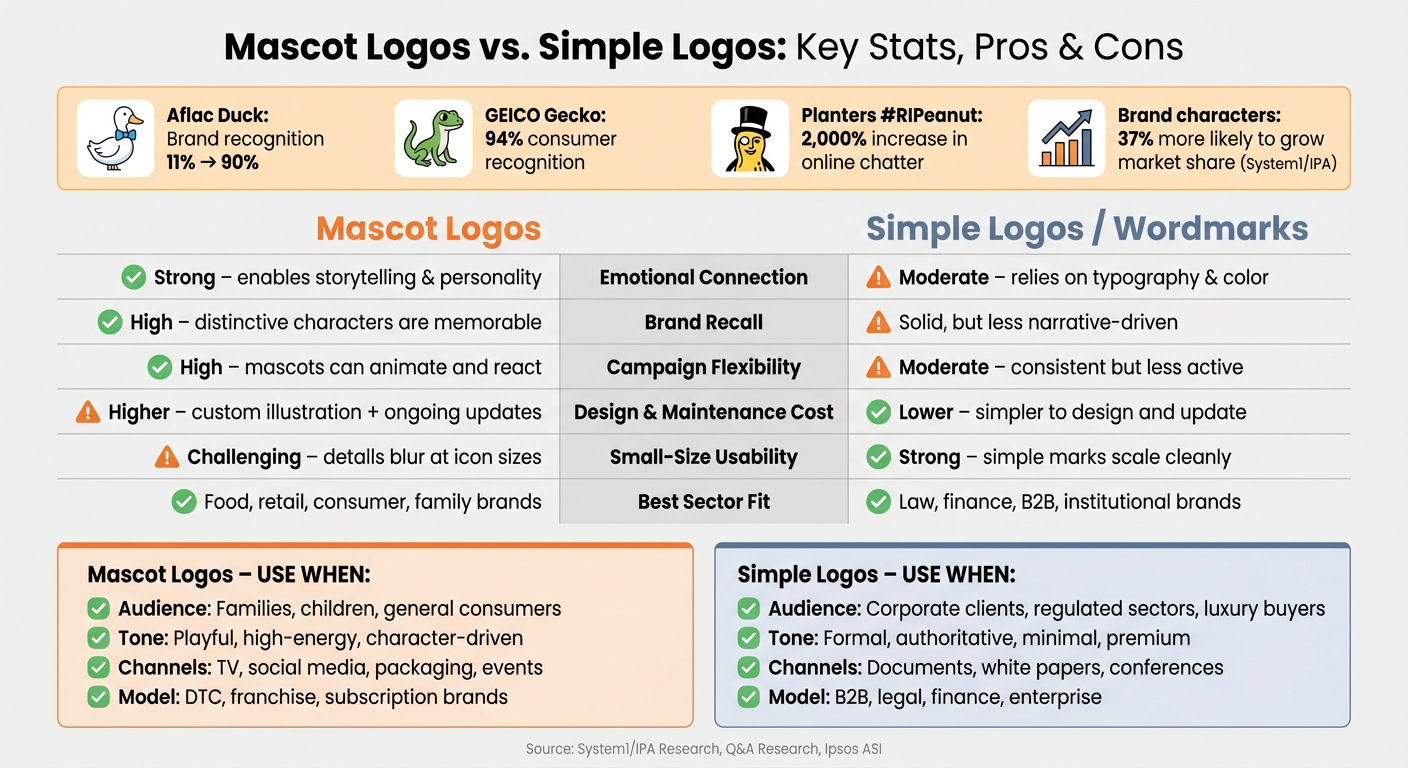 Infographic comparing mascot logos and simple logos, highlighting key stats, pros, and cons for branding and marketing strategies.