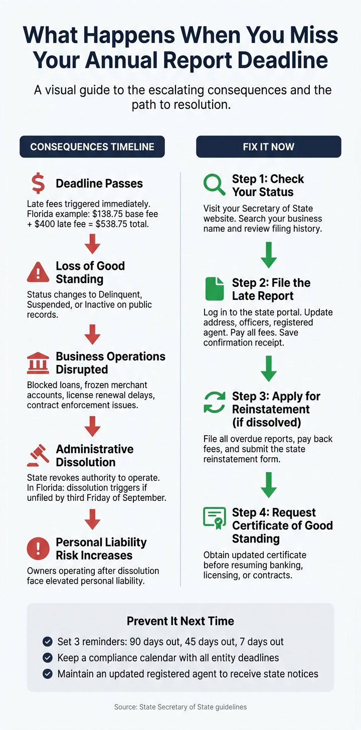 Infographic illustrating the consequences of missing an annual report deadline, including loss of good standing, business disruptions, and personal liability.