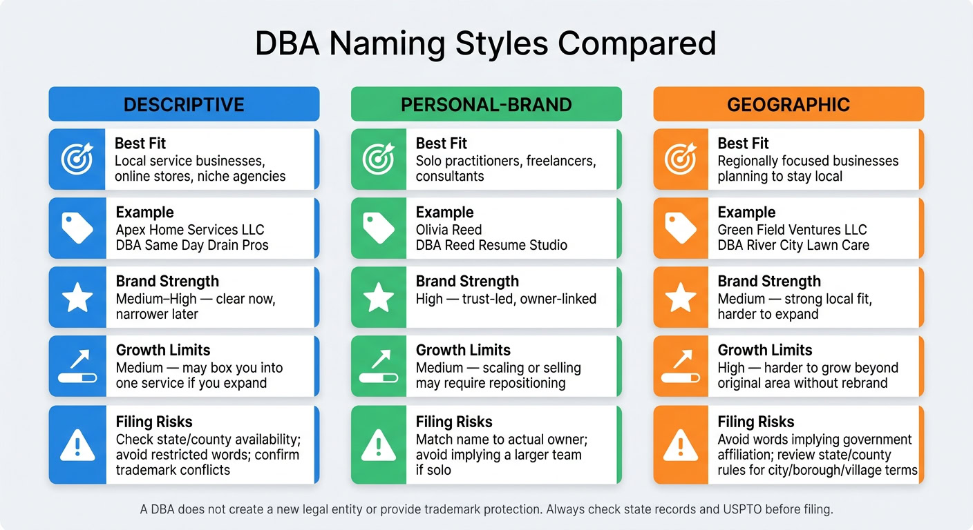 DBA Naming Styles Compared: Descriptive, Personal-Brand & Geographic
