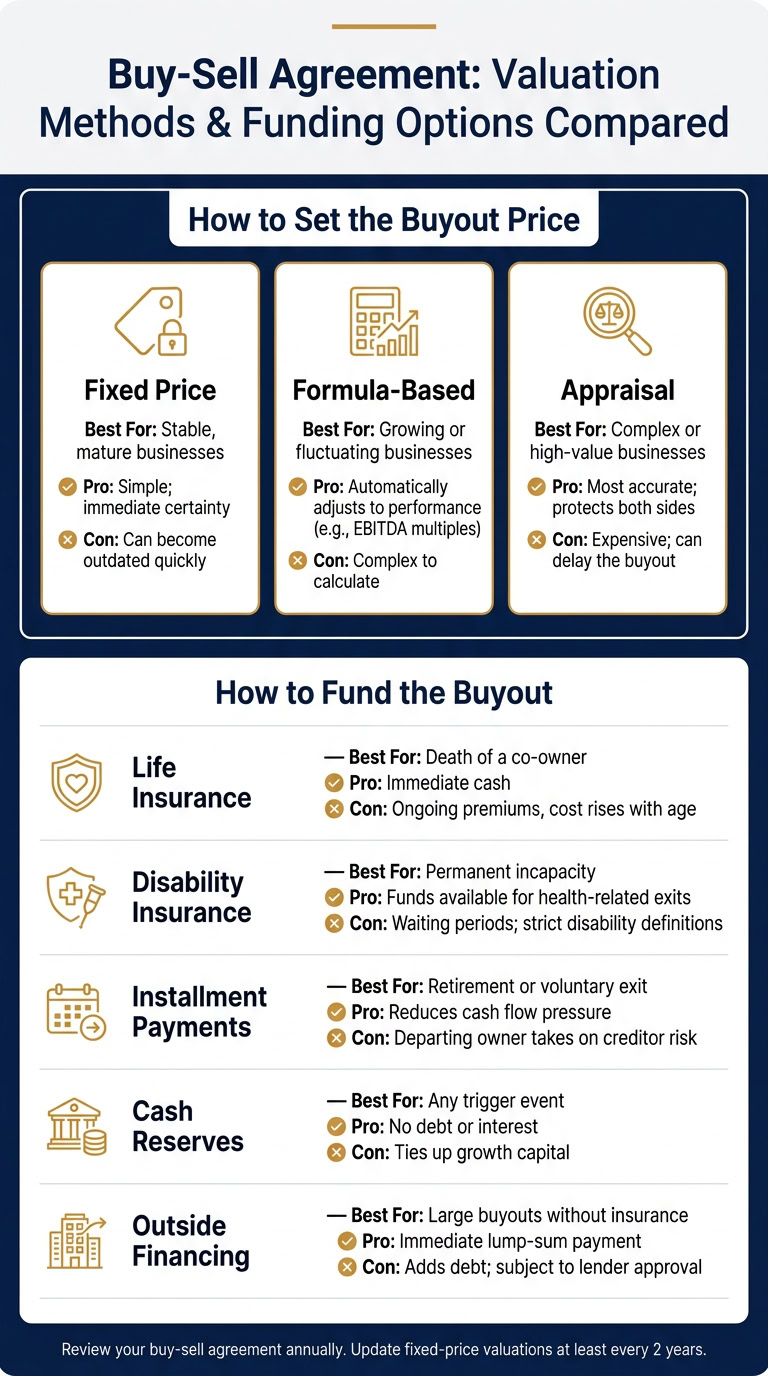 Comparison of valuation methods for buy-sell agreements including fixed price, formula-based, and appraisal options.