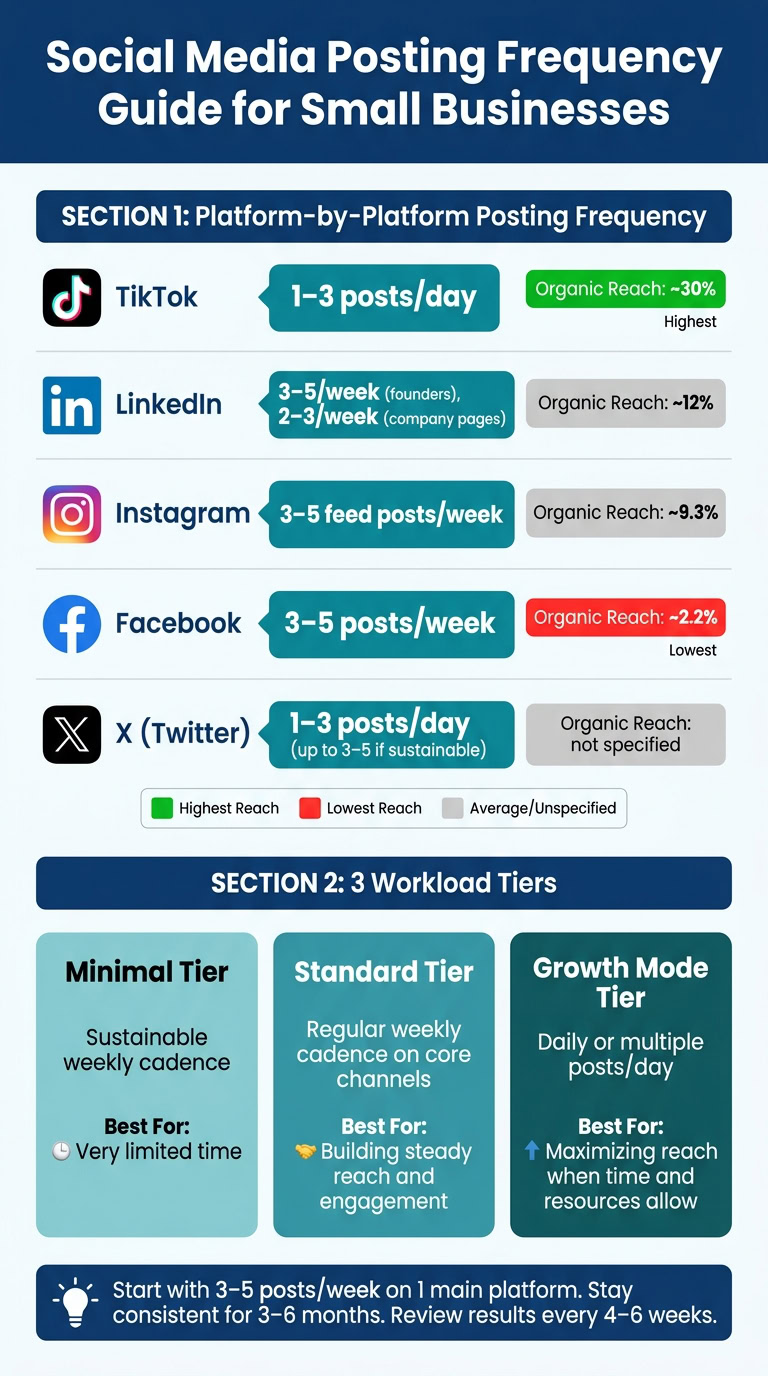 Small business social media posting frequency chart showing recommended posts per day or week for TikTok, LinkedIn, Instagram, Facebook, and X (Twitter) with organic reach percentages.