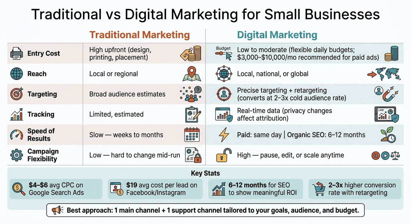 Comparison of traditional and digital marketing strategies for small businesses, highlighting key differences in approach, budget, and results.