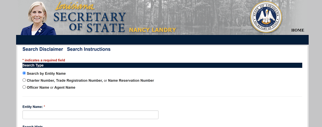 Louisiana Secretary of State search page for business entity lookup with Nancy Landry's name.