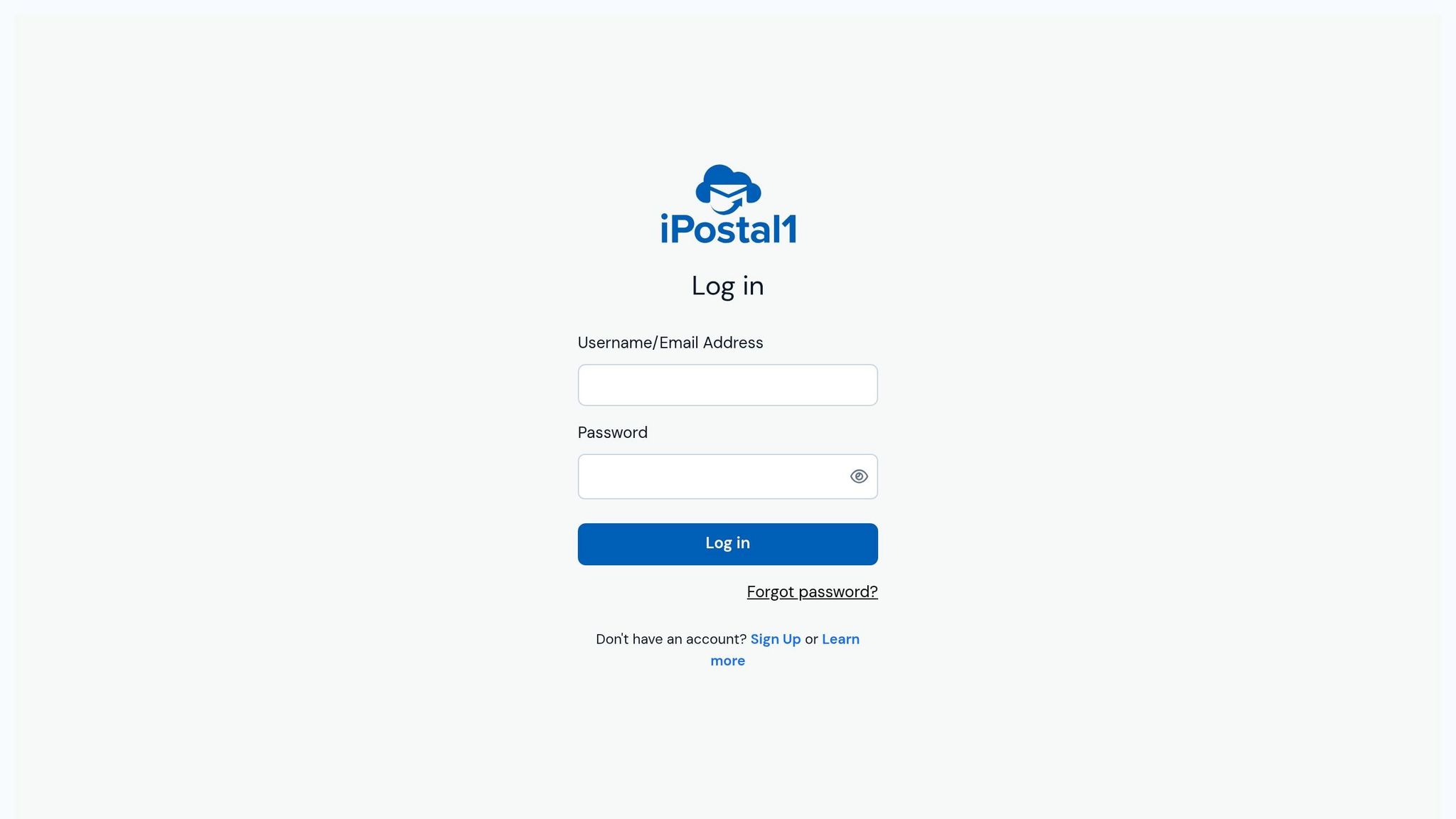 Screenshot of iPostal1 login page showing username and password fields for digital mailbox access.