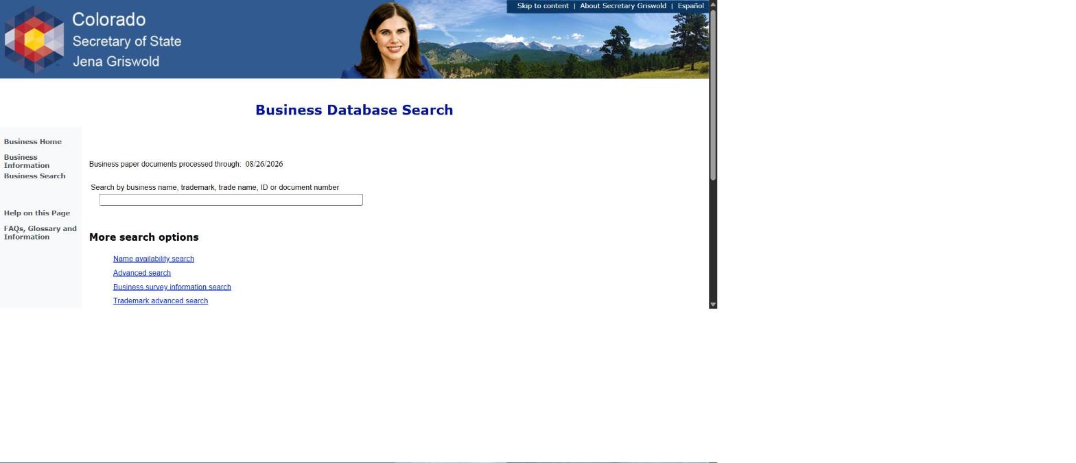 Colorado Secretary of State Business Database Search page showing the single search field and the More search options links