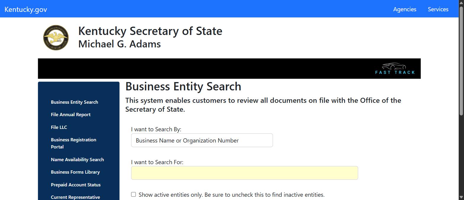 Kentucky Secretary of State Business Entity Search page showing the sidebar of eleven tools including Name Availability Search, Registered Agent Search and the current and founding representative searches