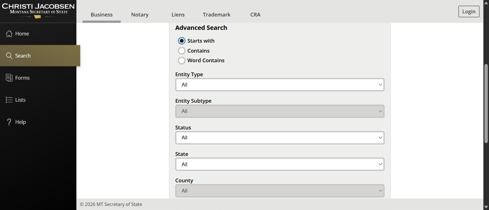 Montana Secretary of State Business Search advanced filters showing starts with, contains and word contains match modes plus entity type and status dropdowns