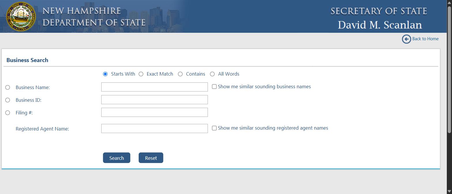 New Hampshire QuickStart Business Search form with the Show me similar sounding business names checkbox and the Starts With, Exact Match, Contains and All Words options