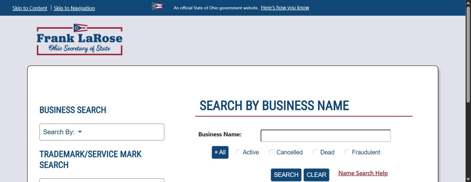 Ohio Secretary of State business search form showing the Business Name field and the All, Active, Cancelled, Dead and Fraudulent status filter