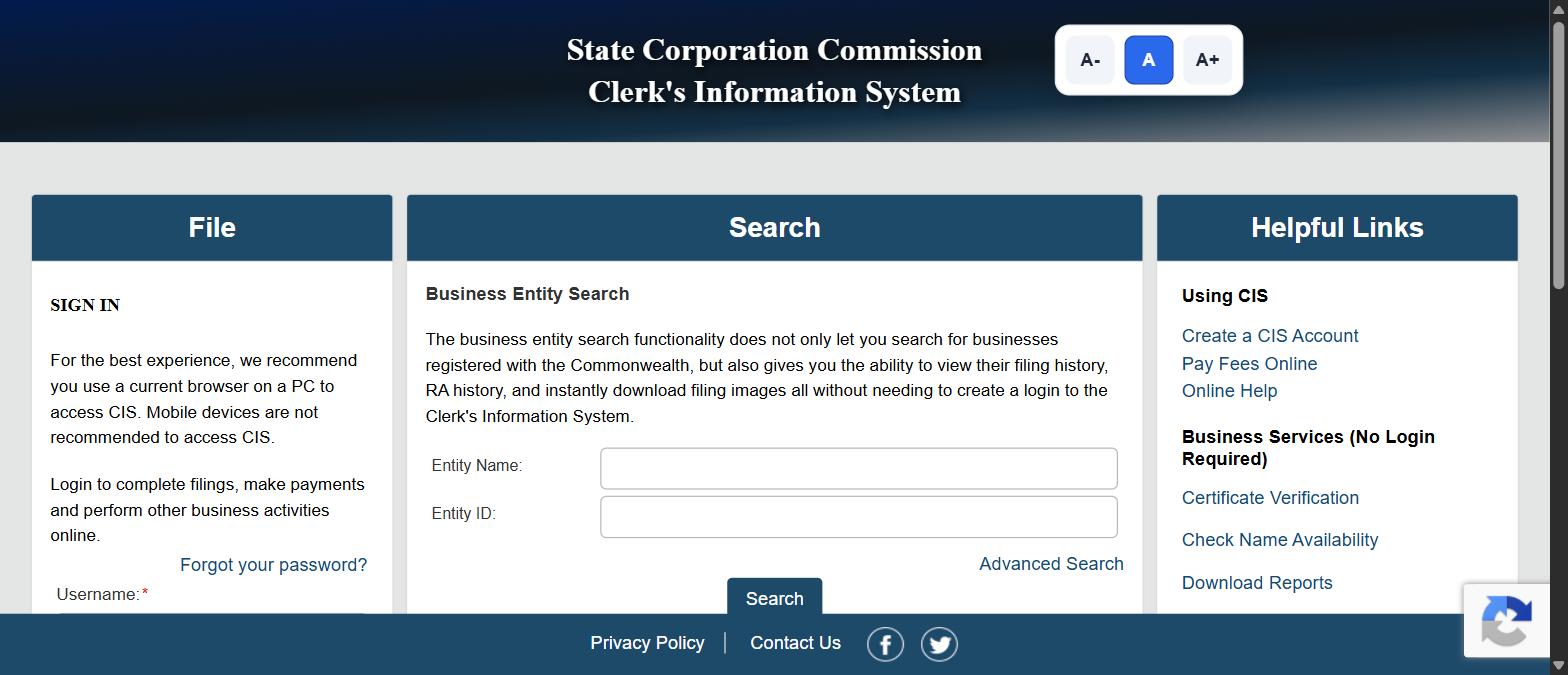 Virginia CIS home page showing the business entity search panel beside the Business Services no login required links including Check Name Availability