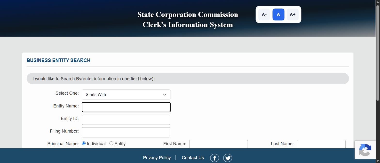 Virginia State Corporation Commission Clerk Information System business entity search form showing the Starts With, Exact Match and Contains options and the entity name, entity ID and filing number fields