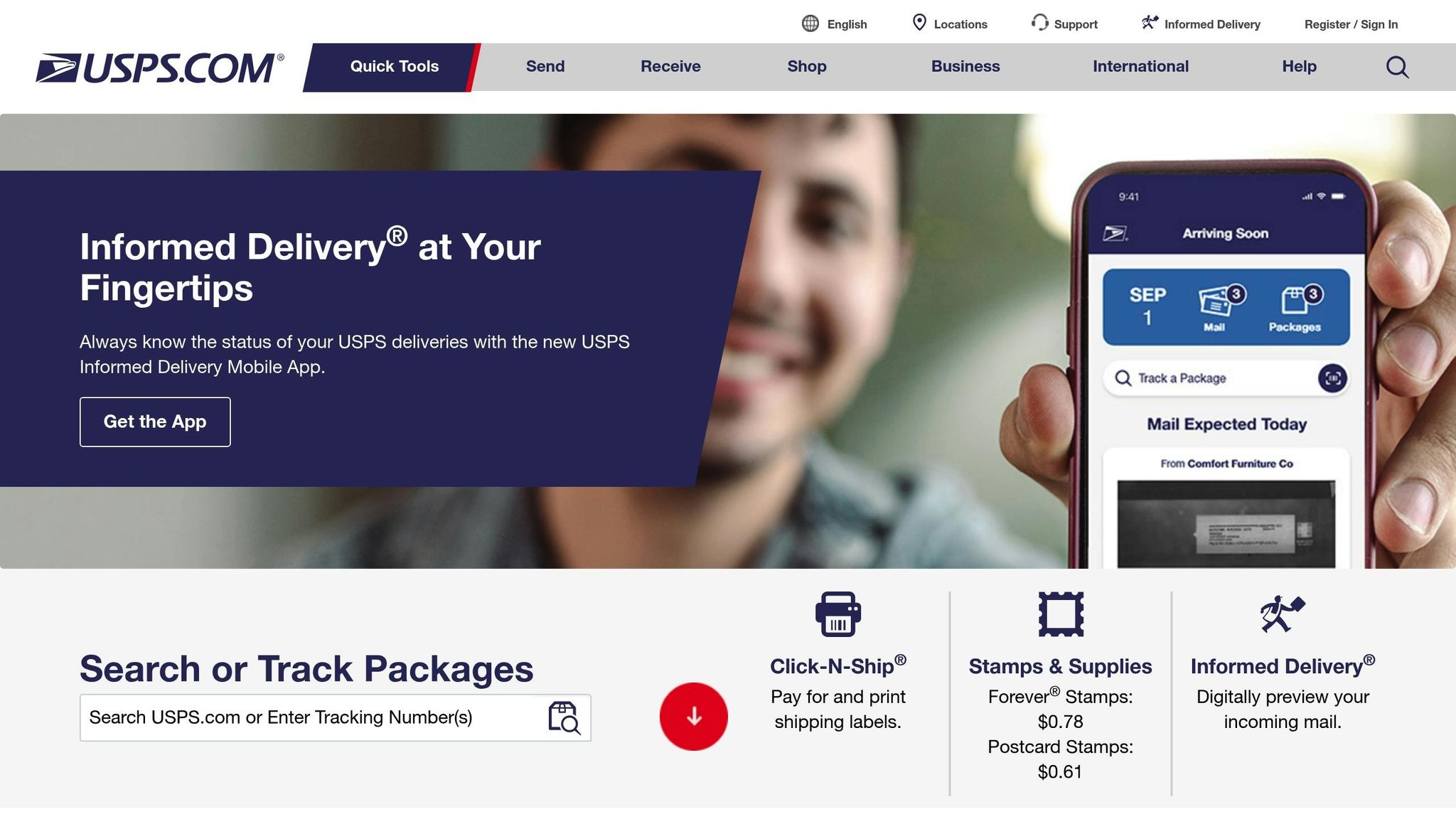 Person holding a smartphone displaying USPS Informed Delivery app with package tracking details.