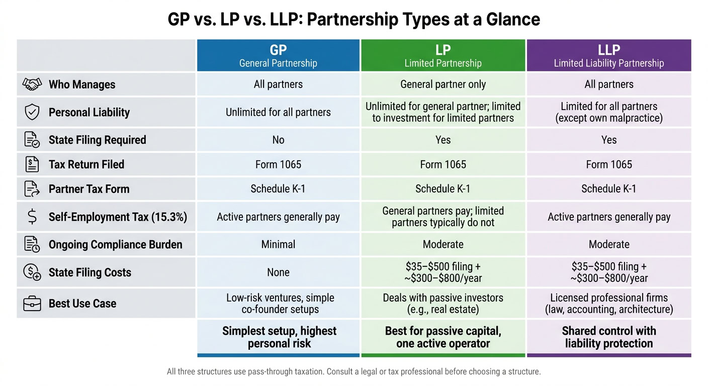 Overview of GP, LP, and LLP partnership structures highlighting management, liability, tax, and compliance differences.