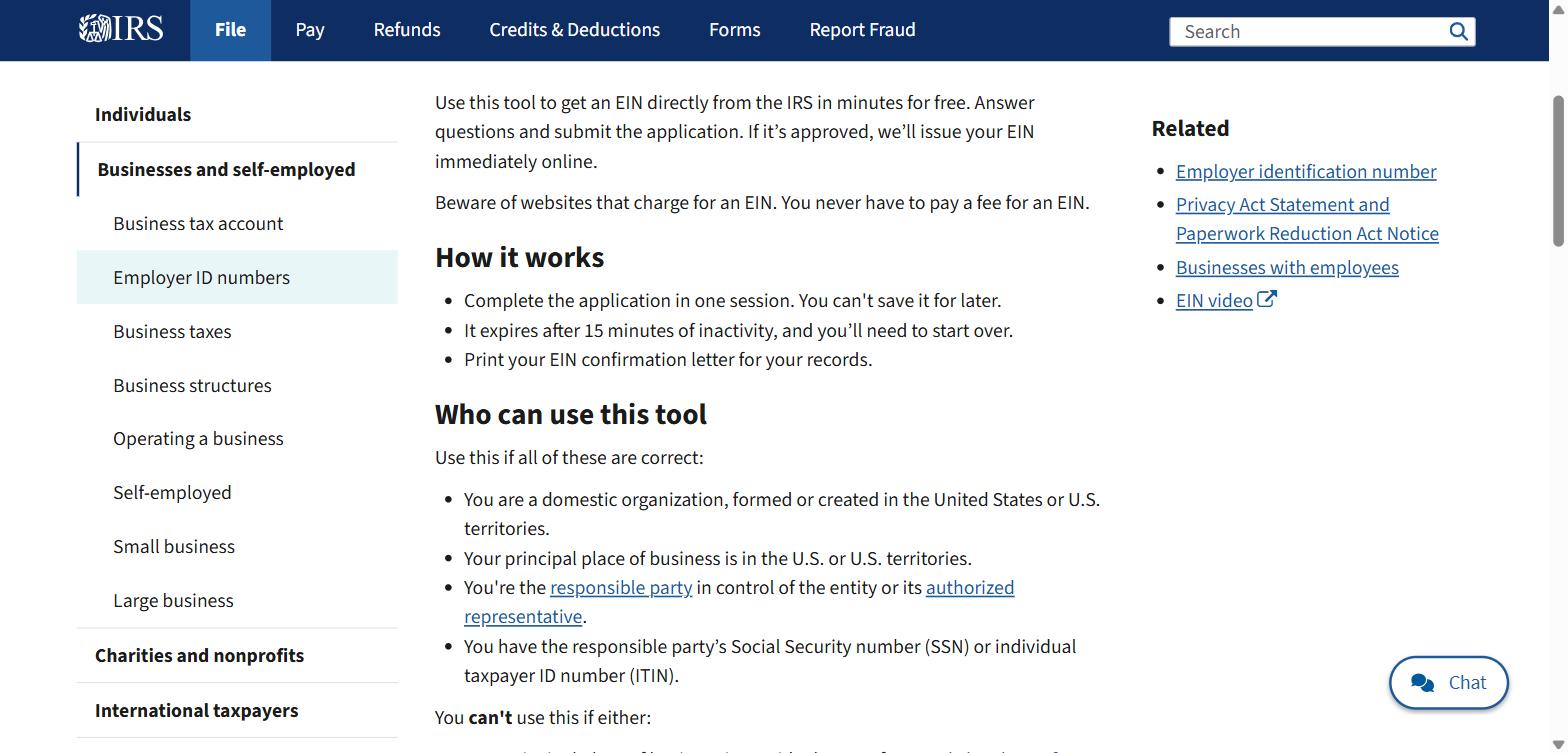 IRS page for getting an employer identification number, showing that the online EIN tool requires the responsible party to have a Social Security number or ITIN