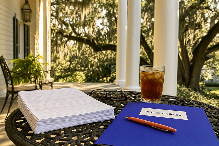 Privilege Tax Return folder on a porch table under Alabama live oaks, for the Alabama LLC annual report