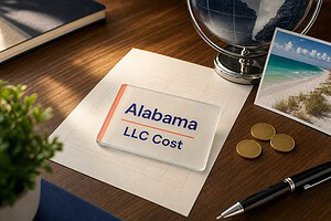 Frosted glass card reading Alabama LLC Cost on a fee sheet, with gold coins and a Gulf Shores beach postcard