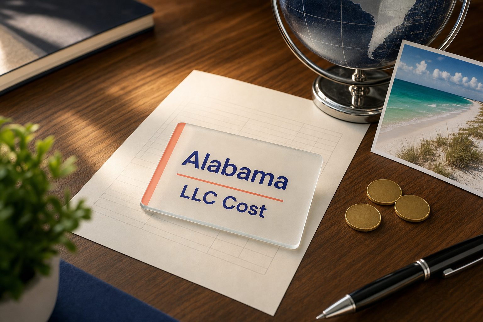 Frosted glass card reading Alabama LLC Cost on a fee sheet, with gold coins and a Gulf Shores beach postcard