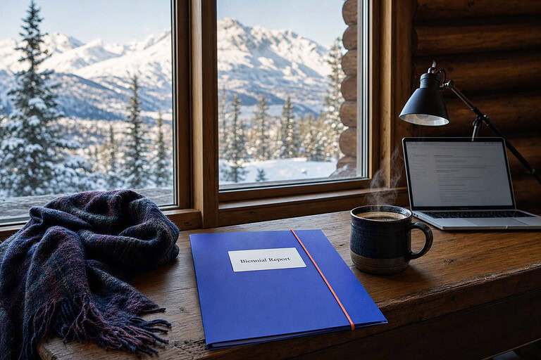 Indigo folder labeled Biennial Report on a log cabin desk facing snowy Alaska mountains