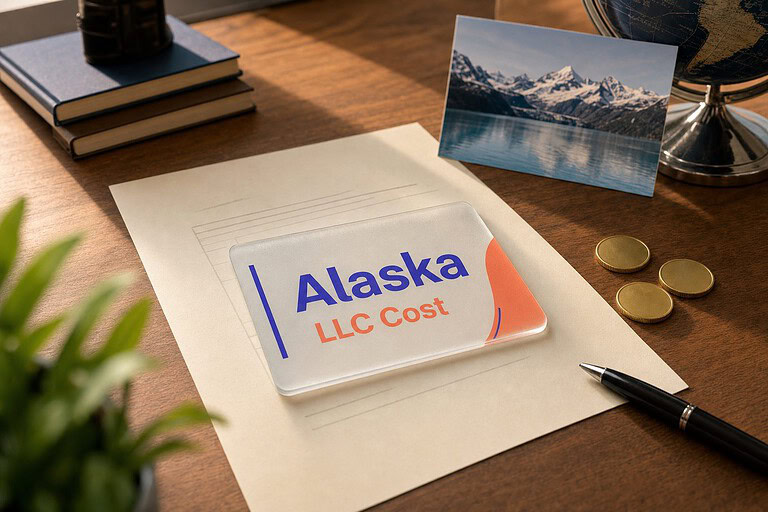 Frosted glass card reading Alaska LLC Cost on a fee sheet, with gold coins and a Alaskan mountain lake postcard