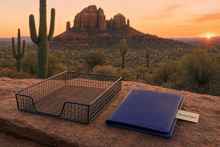 Empty document tray on a sandstone ledge in the Sonoran desert beside a Statutory Agent folder, Arizona LLC annual report