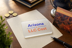 Frosted glass card reading Arizona LLC Cost on a fee sheet, with gold coins and a Grand Canyon postcard