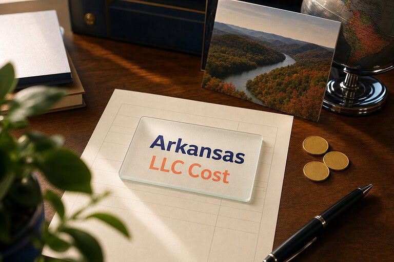 Frosted glass card reading Arkansas LLC Cost on a fee sheet, with gold coins and a Ozark mountains postcard