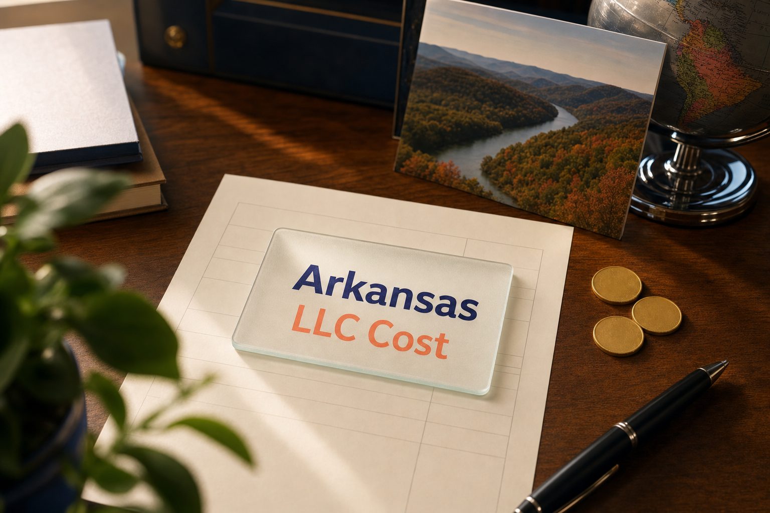 Frosted glass card reading Arkansas LLC Cost on a fee sheet, with gold coins and a Ozark mountains postcard