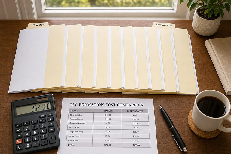 Ten folders of LLC formation paperwork labeled Year One and Each Year After beside a calculator and a cost comparison sheet