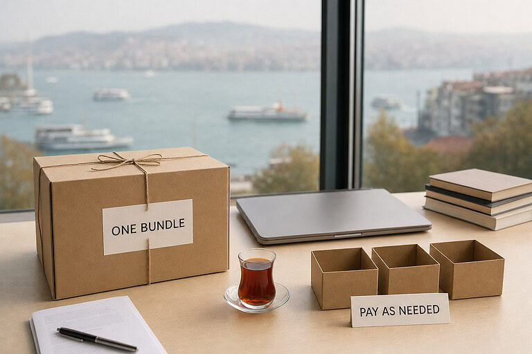 Desk with a box labeled One Bundle next to three small boxes and a card reading Pay As Needed