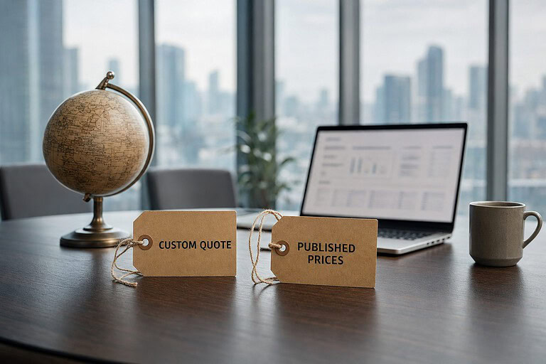 Two price tags on a conference table reading Custom Quote and Published Prices beside a desk globe