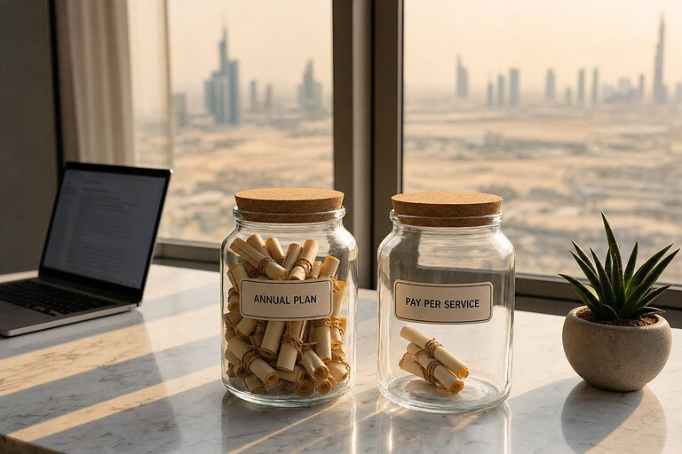 Two glass jars on a marble desk labeled Annual Plan and Pay Per Service in a high-rise apartment