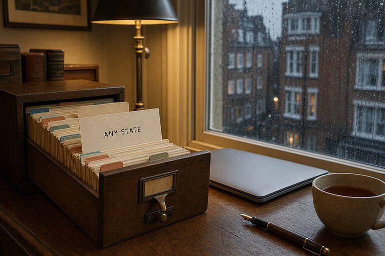 Wooden card catalog drawer with a card reading Any State on a desk by a rainy London window