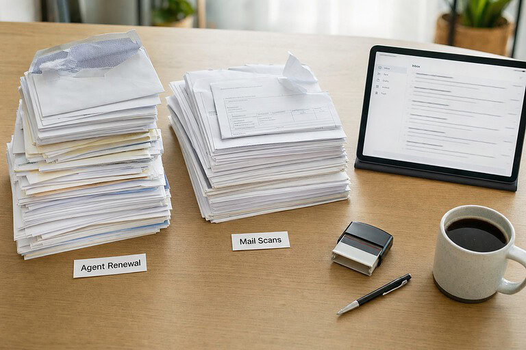 Two stacks of business mail and LLC paperwork beside a tablet showing a mail inbox, labeled Agent Renewal and Mail Scans