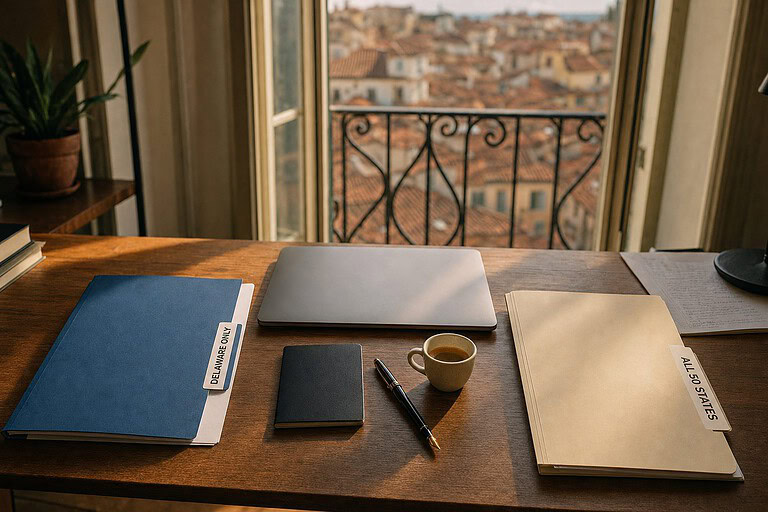 Two folders on a desk labeled Delaware Only and All 50 States beside a laptop and a passport