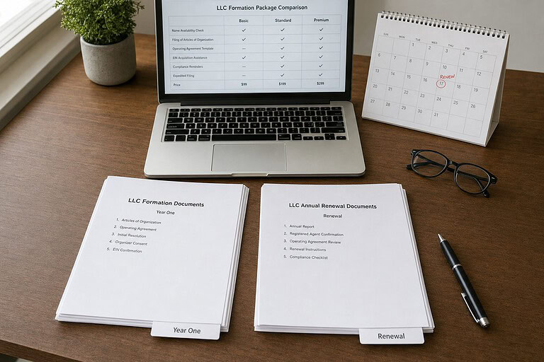 Two stacks of US LLC formation paperwork labeled Year One and Renewal beside a laptop showing a price comparison