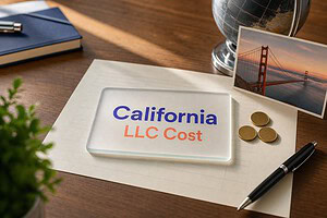 Frosted glass card reading California LLC Cost on a fee sheet, with gold coins and a San Francisco bay postcard