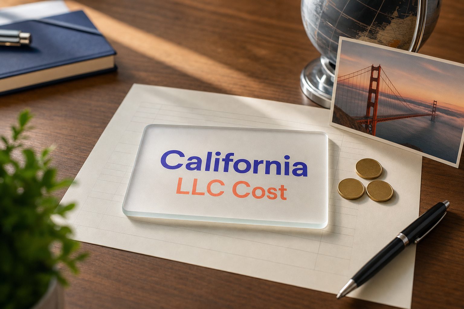 Frosted glass card reading California LLC Cost on a fee sheet, with gold coins and a San Francisco bay postcard