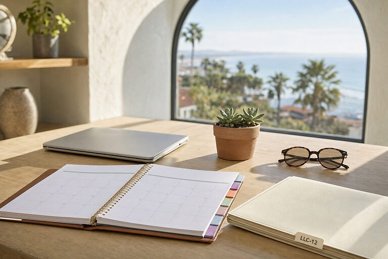Sunny California home office desk with a two-year planner and a folder labeled LLC-12