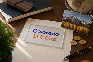 Frosted glass card reading Colorado LLC Cost on a fee sheet, with gold coins and a Rocky Mountains postcard