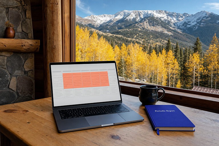 Laptop calendar with a highlighted filing window and a Periodic Report notebook in a Rocky Mountain cabin, Colorado LLC