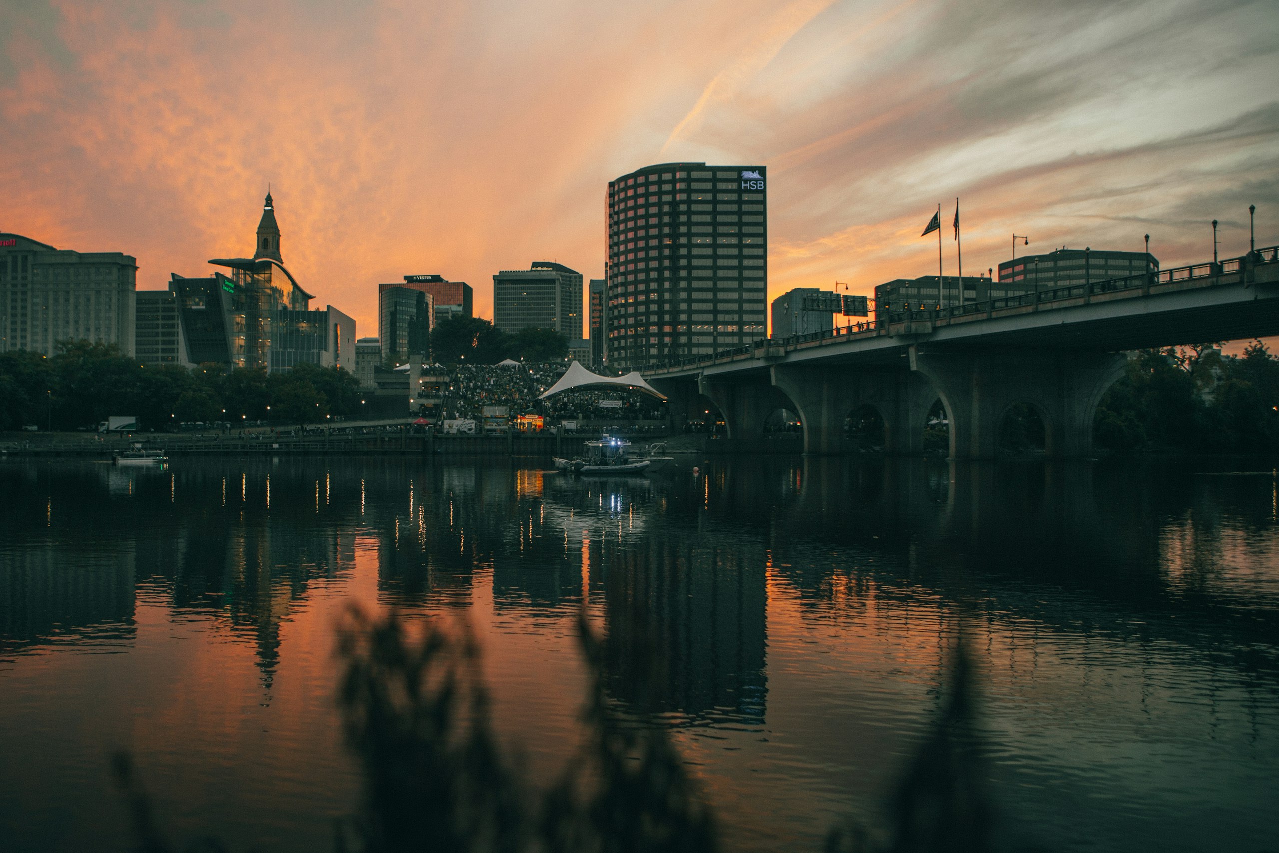 Hartford, Connecticut skyline over the Connecticut River at sunset