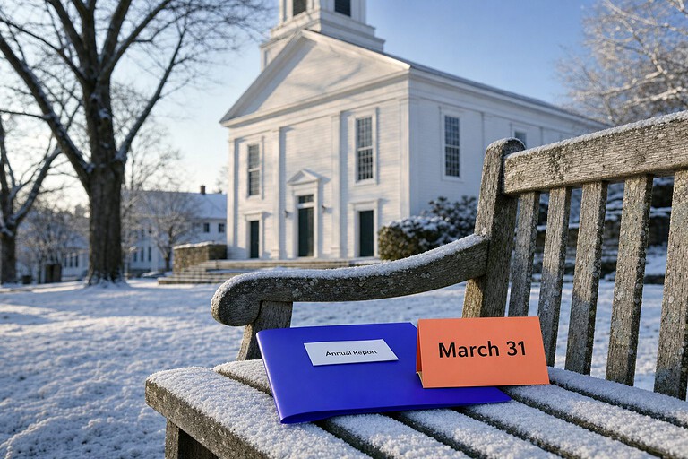 Annual Report folder and March 31 card on a snowy Connecticut town green bench, for the Connecticut LLC annual report