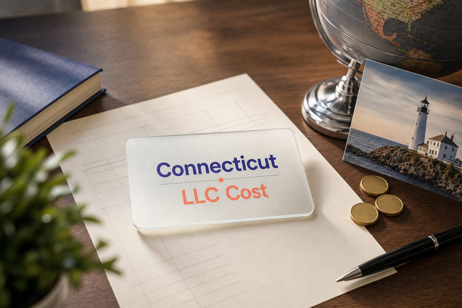 Frosted glass card reading Connecticut LLC Cost on a fee sheet, with gold coins and a New England lighthouse postcard