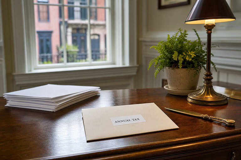 Envelope labeled Annual Tax on a wooden desk in a historic Wilmington rowhouse office