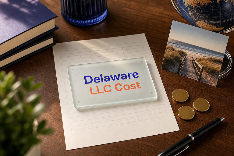 Frosted glass card reading Delaware LLC Cost on a fee sheet, with gold coins and a Delaware beach postcard