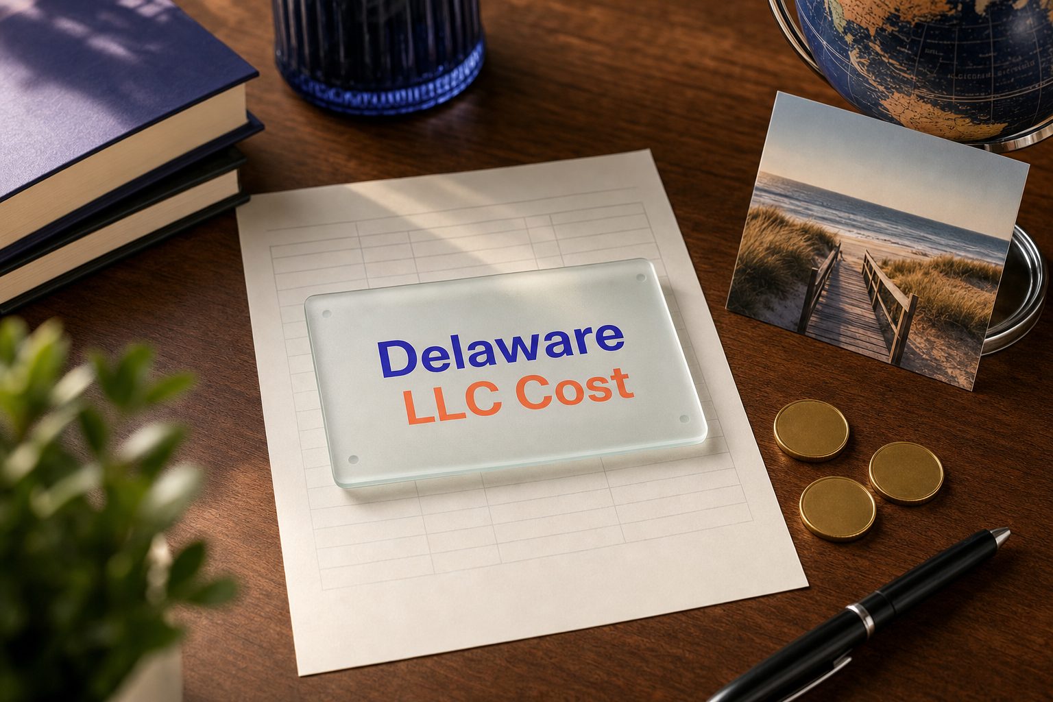 Frosted glass card reading Delaware LLC Cost on a fee sheet, with gold coins and a Delaware beach postcard