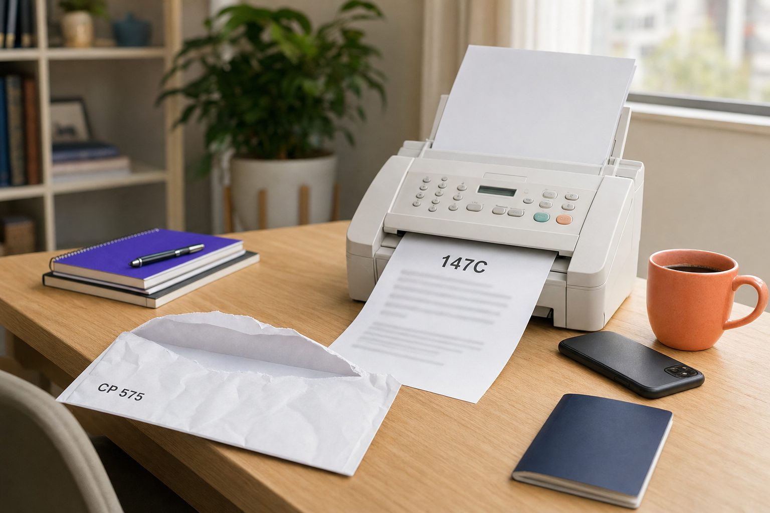 Empty CP 575 envelope beside a fax machine printing a Letter 147C, the IRS replacement for a lost EIN confirmation letter