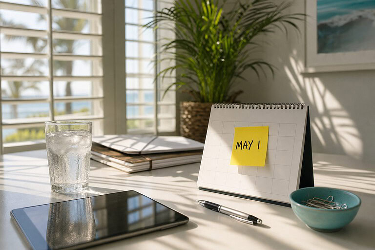 Florida office desk with palm shadows and a desk calendar with a sticky note reading May 1