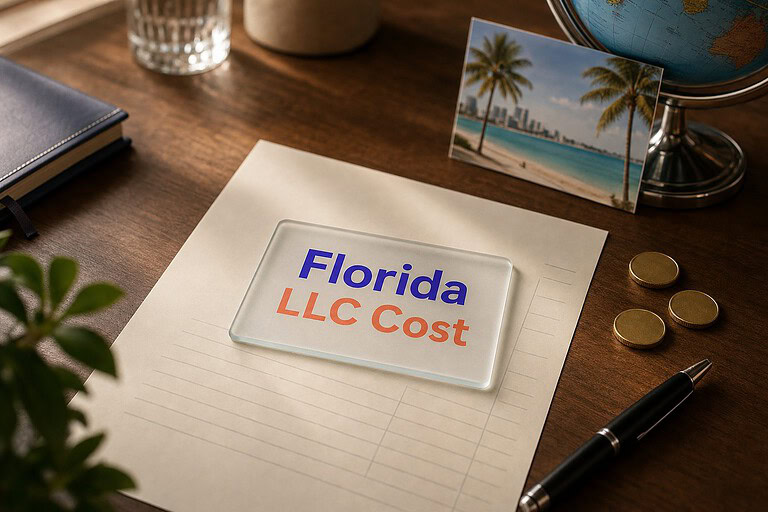Frosted glass card reading Florida LLC Cost on a fee sheet, with gold coins and a Florida palm beach postcard